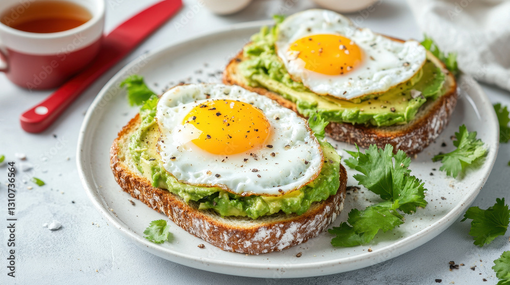 Avocado Toast Delight: Close-up view of delectable avocado toast topped with sunny-side-up eggs, beautifully arranged on a plate, accompanied by a cup of tea. Avocado Toast Delight: Close-up view of delectable avocado toast topped with sunny-side-up eggs, beautifully arranged on a plate, accompanied by a cup of tea.