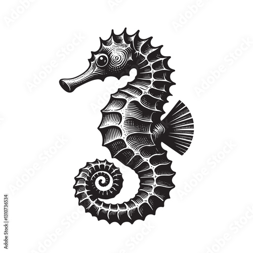 Elegant seahorse emblem in a stylized woodcut aesthetic on an is