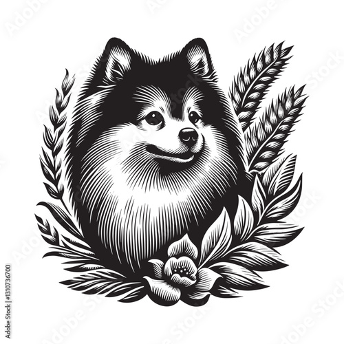 Elegant spitz portrait in monochrome woodcut style encircled by