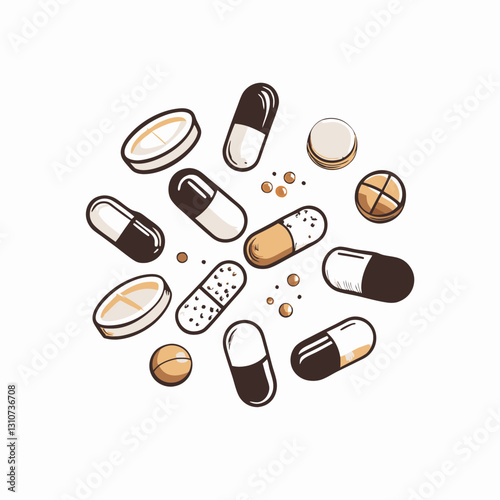 Pills and capsules illustration on white background, dietary supplements, a daily routine concept