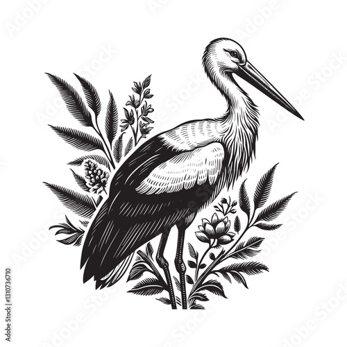 Elegant stork portrait surrounded by foliage in a monochrome woo