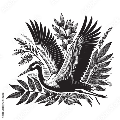 Elegant stork illustration with botanical accents in woodcut sty