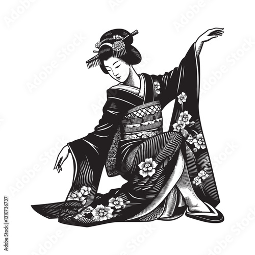 Elegant woodcut illustration of a geisha in a decorative kimono
