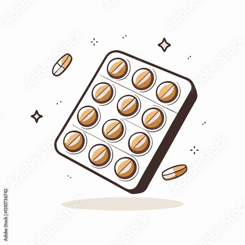 Pill blister pack with floating capsules on white background, the concept of biological additives