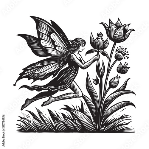 Enchanting fairy delicately reaching for a flower in vintage woo