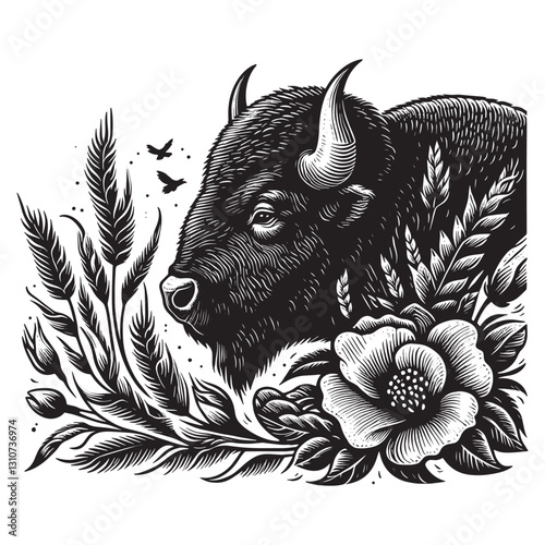 Engraved bison amidst floral and avian accents in monochrome ill