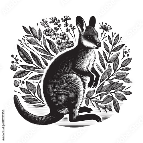 Elegant wallaby artwork in monochrome botanical setting, intrica