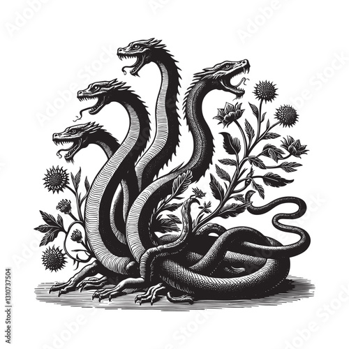 Four-Headed Serpent Surrounded by Thistle, Detailed Traditional