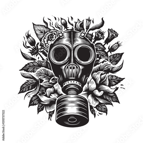 Gas Mask Surrounded by Floral Elements in a Dramatic Woodcut Sty