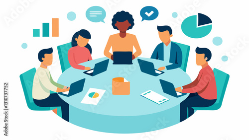 Meeting Table Gathering A group of five diverse individuals seated around a circular table filled with papers laptops and charts engaged in a lively discussion about investment