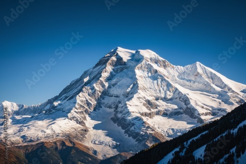 Snow covered mountains with a clear winter sky and rocky landscape photo