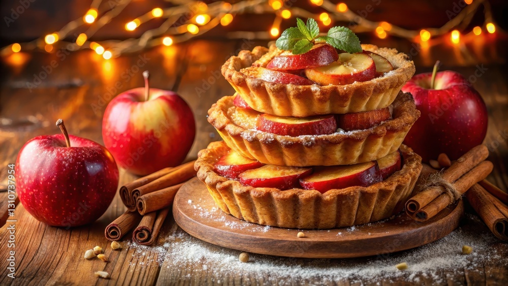 Juicy red apples stacked on top of a crumbly buttery crust, topped with a sprinkle of cinnamon and nutmeg powder, golden brown edges, warm glowing light, cinnamon topping, nutmeg seasoning Juicy red apples stacked on top of a crumbly buttery crust, topped with a sprinkle of cinnamon and nutmeg powder, golden brown edges, warm glowing light, cinnamon topping, nutmeg seasoning