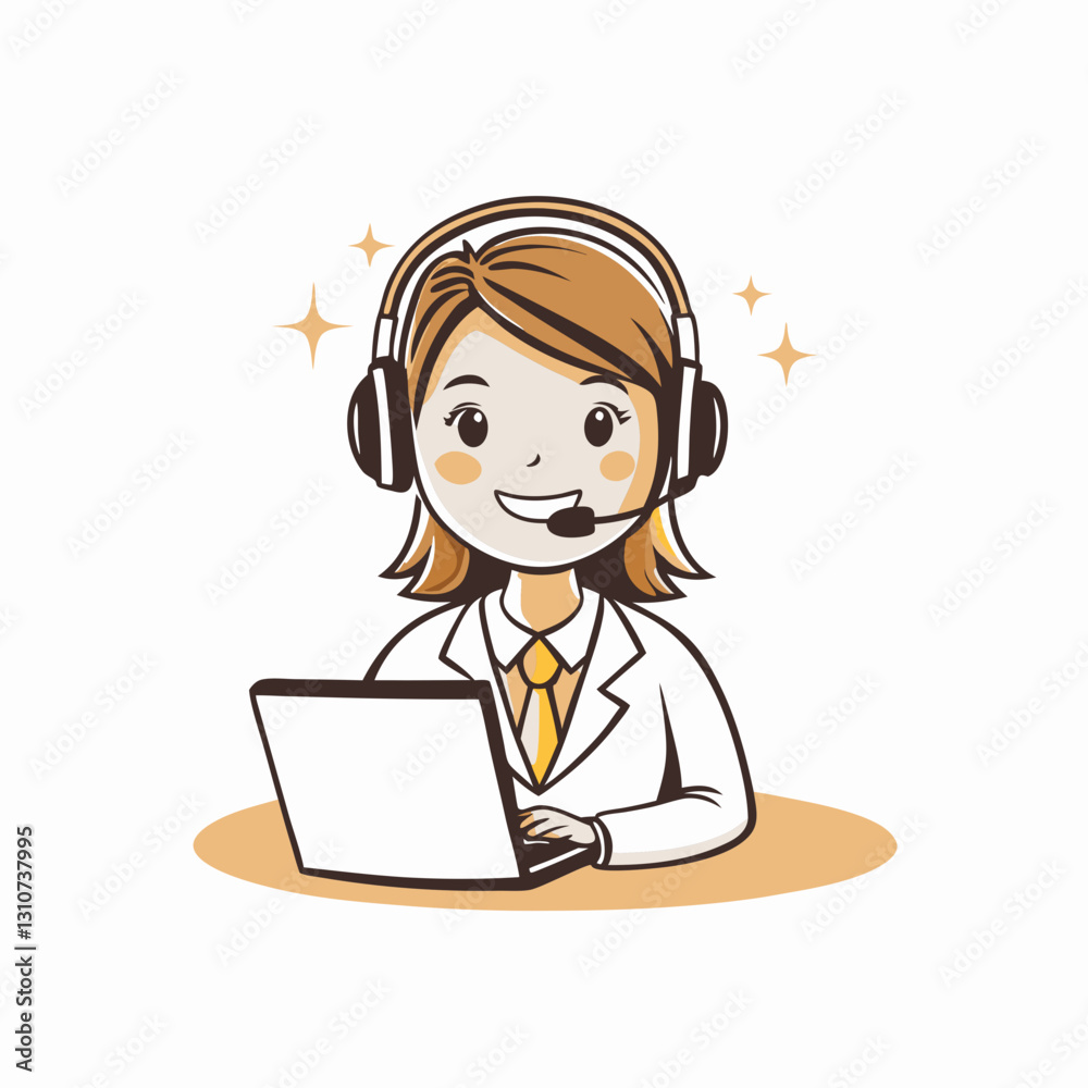 Smiling woman with headset working on laptop, support service, call center Smiling woman with headset working on laptop, support service, call center