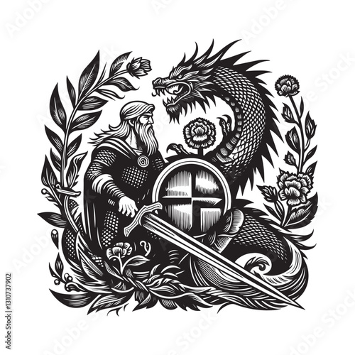 Illustrative depiction of a warrior facing a dragon in a stylize