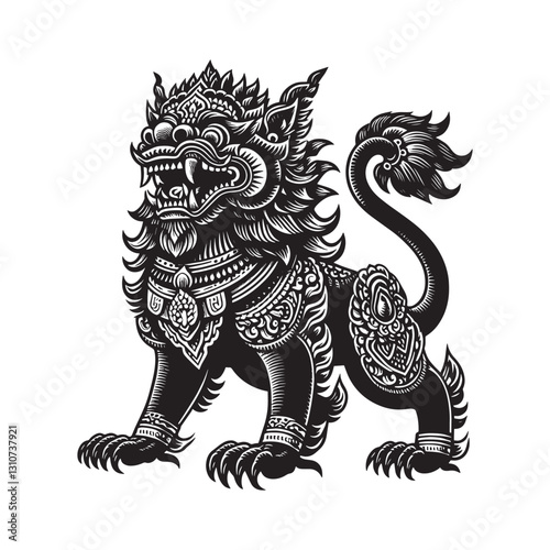 Intricate barong illustration in monochrome woodcut style on pur