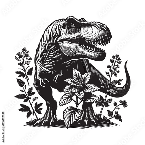 Illustrative Tyrannosaurus Rex with botanical elements in woodcu