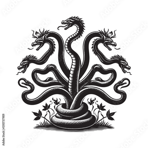 Illustrative portrayal of a multi-headed hydra in a vintage wood