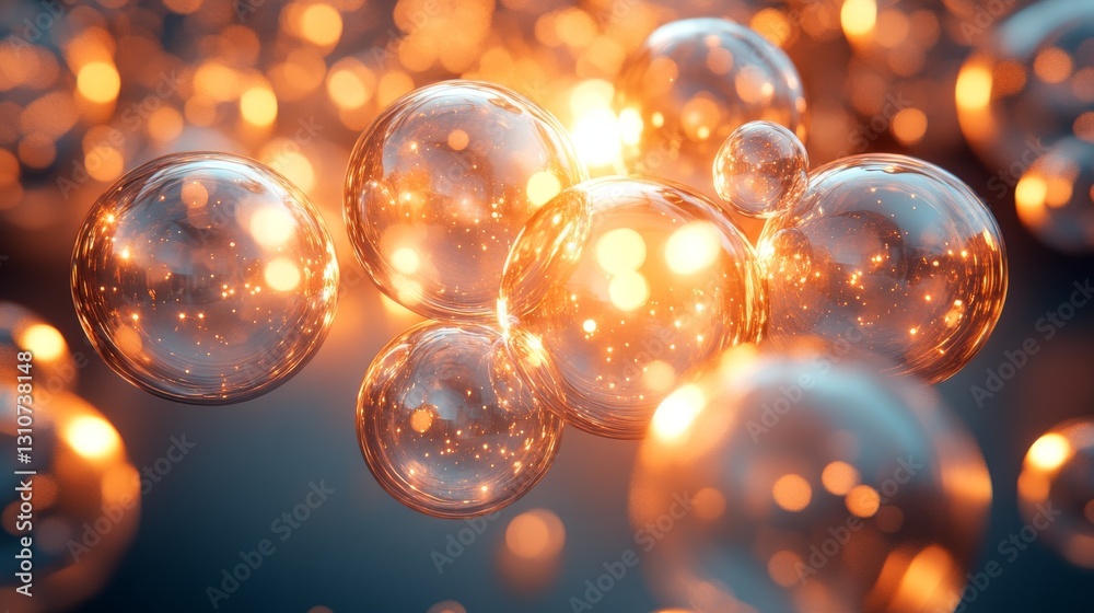 Transparent spheres with internal lights floating against a blurred background Transparent spheres with internal lights floating against a blurred background