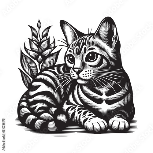 Intricate monochrome illustration of a bengal cat in woodcut sty