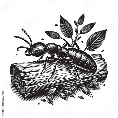 Intricate woodcut illustration featuring a termite exploring nat