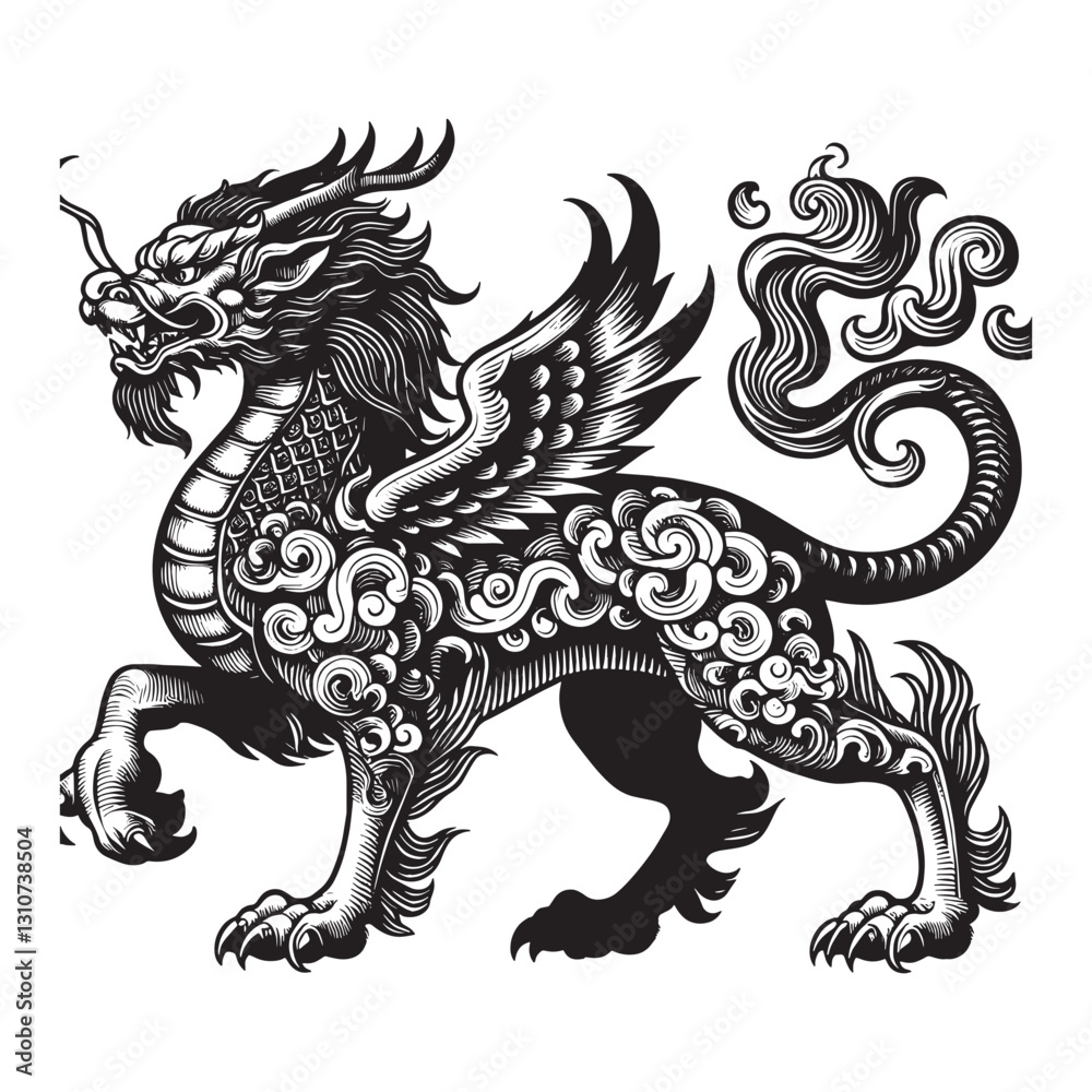 Intricate woodcut illustration of a Qilin, a mythical Chinese ch Intricate woodcut illustration of a Qilin, a mythical Chinese ch
