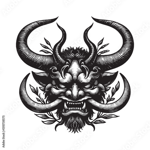 Intricate woodcut illustration showcasing a formidable horned on