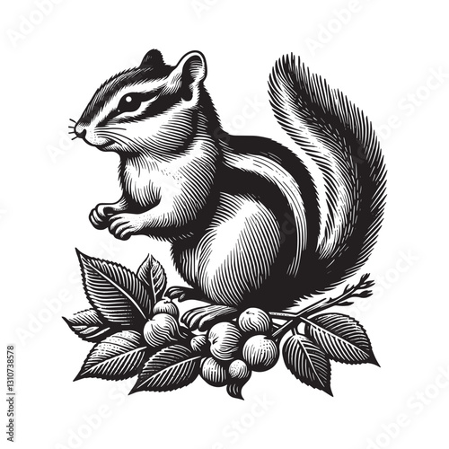 Intricate woodcut style chipmunk illustration with botanical ele