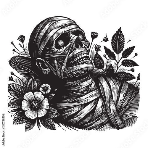 Intricate woodcut of floral adorned mummy for Halloween or spook