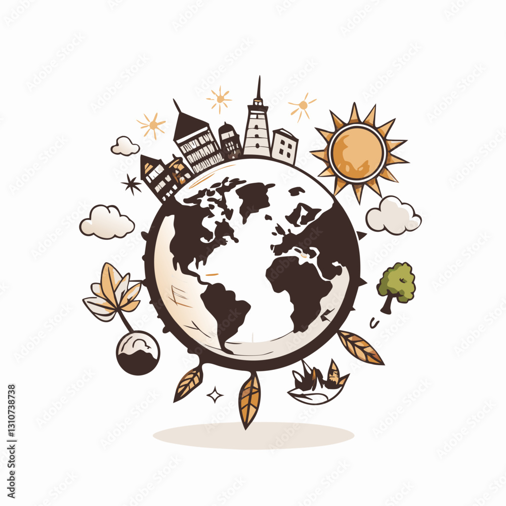 Naklejka premium Illustration of Earth with buildings, sun, and nature elements, caring for the environment, ecological cleanliness, harmony with nature