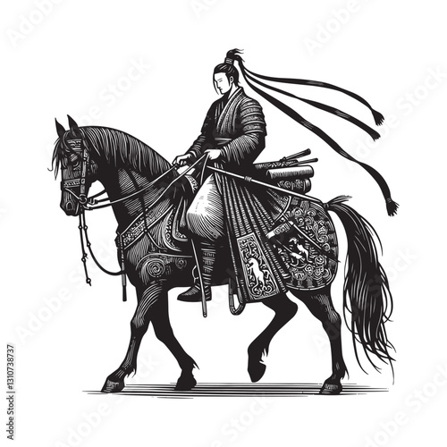Korean Hwarang Warrior on Horseback, Traditional Woodcut Style,