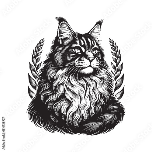 Majestic Maine Coon Portrait Crafted in Detailed Traditional Woo