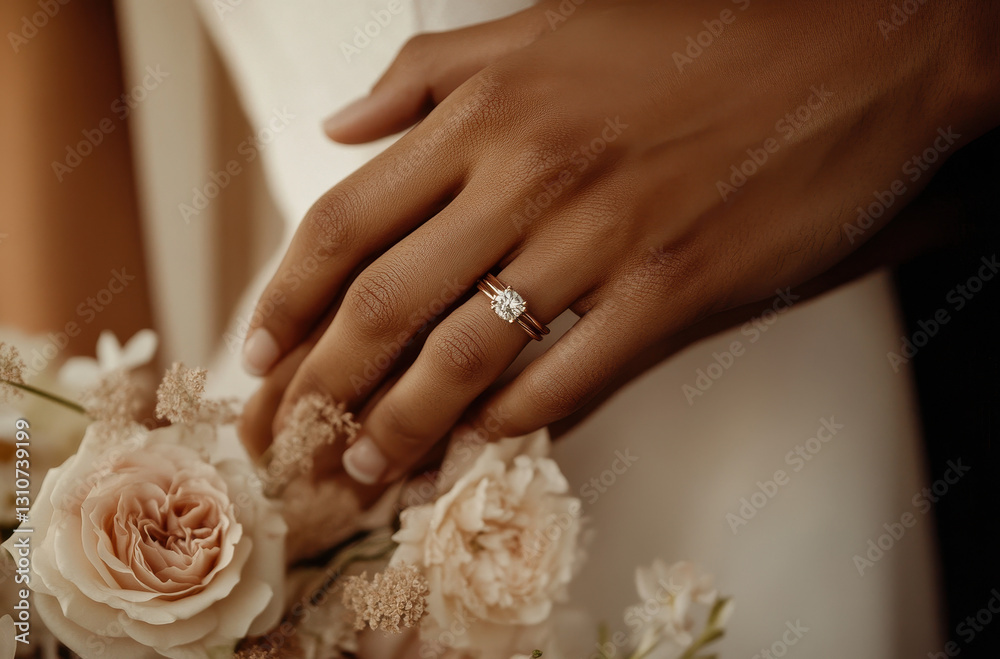 A Moment of Forever: Intimate close-up of a bride's hand adorned with an engagement ring, cradled by the supportive touch of another, next to a delicate bouquet. A Moment of Forever: Intimate close-up of a bride's hand adorned with an engagement ring, cradled by the supportive touch of another, next to a delicate bouquet.