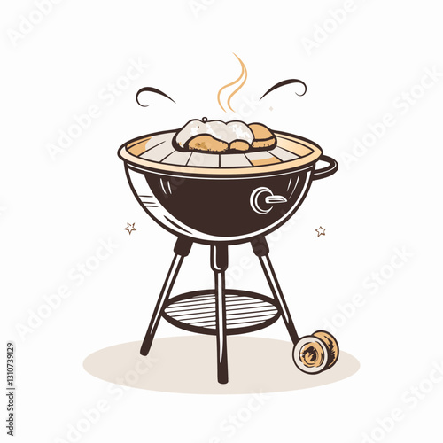 Barbecue grill with cooking sausages and smoke rising