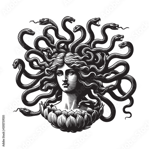 Medusa's haunting visage, serpents writhing in a traditional woo