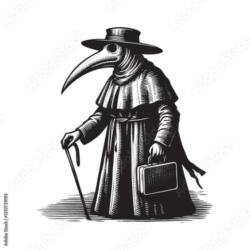 Monochromatic depiction of plague doctor with briefcase in woodc photo