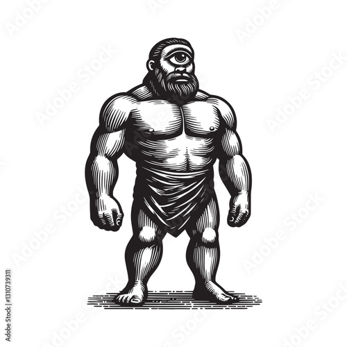 Monochromatic illustration of a cyclops, crafted in a linocut or