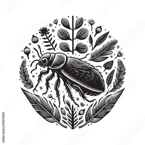 Monochromatic illustration of flea framed by botanical elements