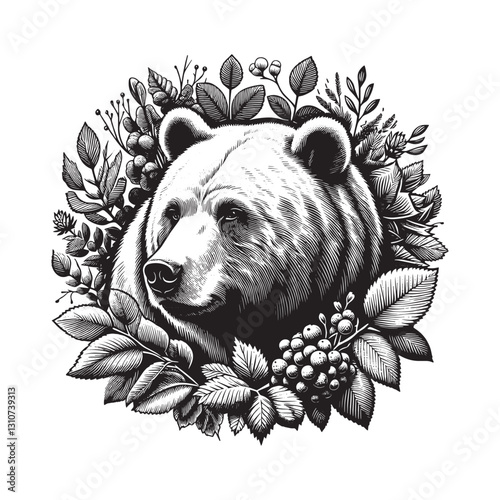 Monochromatic grizzly bear portrait surrounded by intricate bota