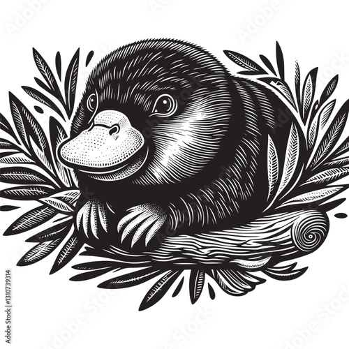 Monochromatic platypus portrait amidst foliage, presented in woo