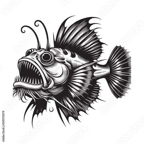 Monochrome Anglerfish Illustration, Deep Sea Predator in Woodcut