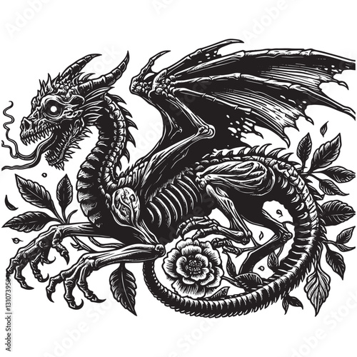 Monochrome botanical emblem of undead dragon in woodcut style on