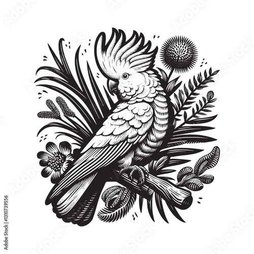 Monochrome cockatoo portrait with crest, botanical elements in w