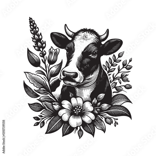 Monochrome Cow Portrait Amidst Intricate Floral Woodcut Illustra