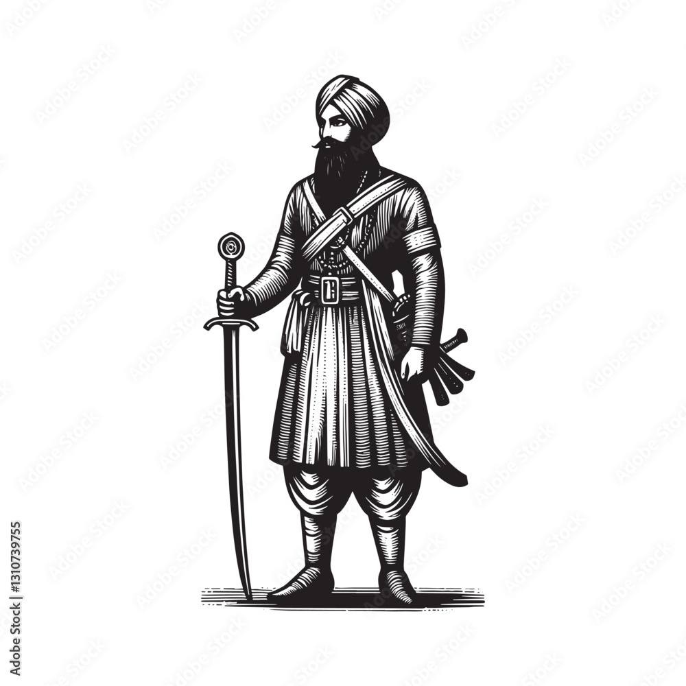 Monochrome depiction of a Sikh warrior in traditional attire wit Monochrome depiction of a Sikh warrior in traditional attire wit