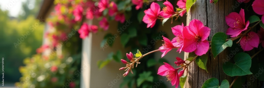 Bougainvillea vine wrapped around a wooden pole, blooming vines, vines Bougainvillea vine wrapped around a wooden pole, blooming vines, vines