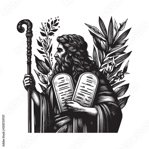 Monochrome depiction of a man with tablets, staff, and botanical