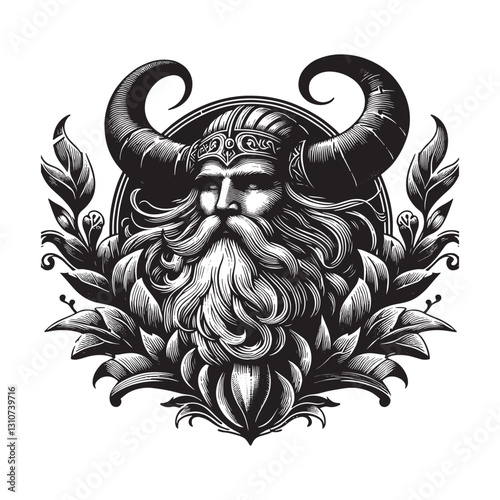 Monochrome depiction of a horned Norse deity in woodcut style wi
