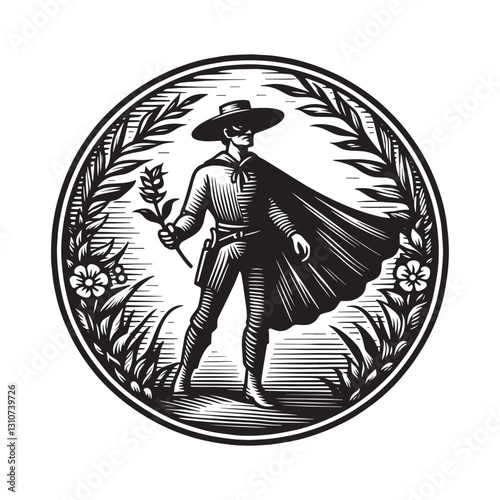 Monochrome depiction of a masked hero surrounded by floral emble