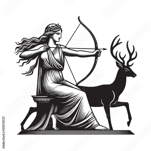 Monochrome depiction of a hunting goddess with a bow and arrow a
