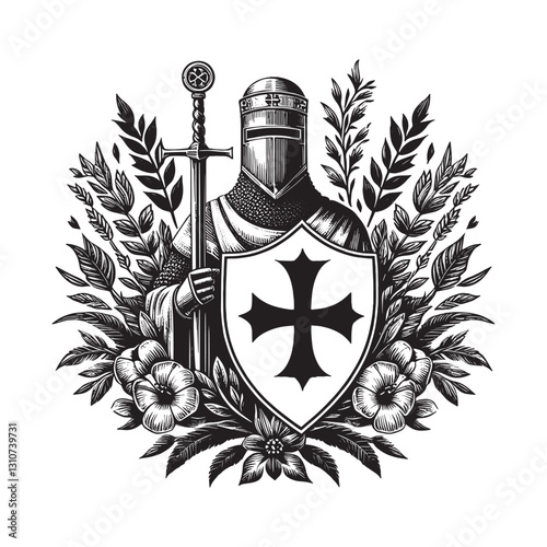 Monochrome depiction of a medieval crusader with sword and heral